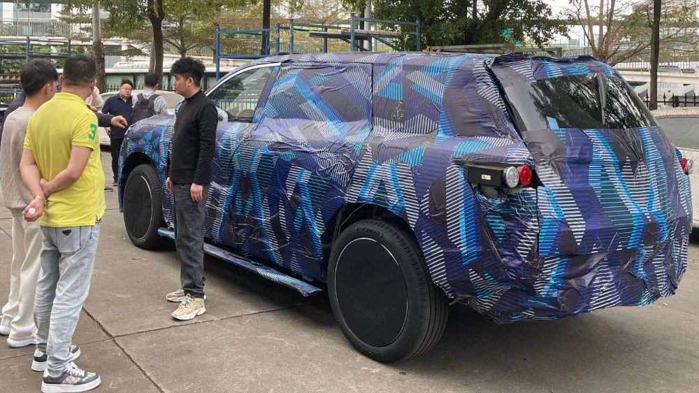 полноразмерный кроссовер BYD Denza в камуфляже сбоку сзади