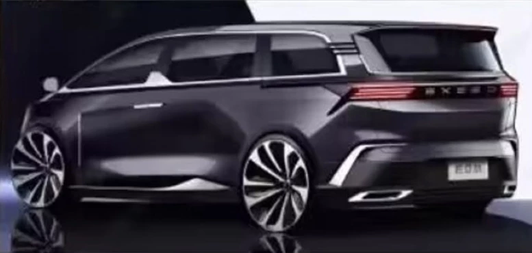 Рендерное изображение гибридного минивэна Exlantix E08 сбоку сзади