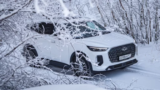 chery tiggo 9 сбоку спереди в лесу в снегу новинка 2024 года