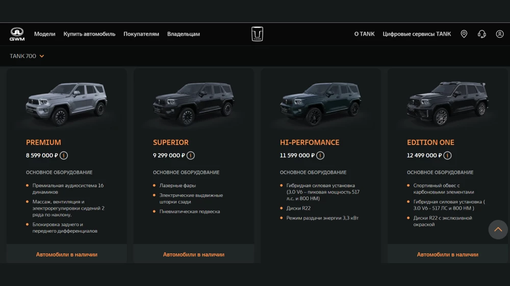 tank 700 цены комплектации внедорожник gwm