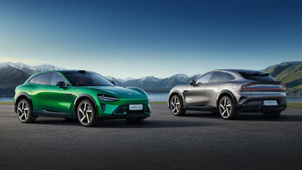 xiaomi yu7 кроссовер сбоку спереди сзади зеленый серый электромобиль