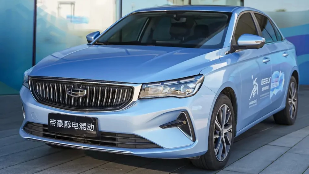 geely emgrand iv сбоку спереди голубой седан гибридный водород