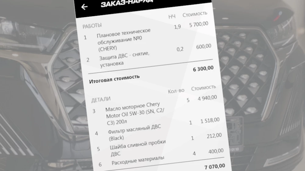 Кроссовер Chery Tiggo 7 Pro Max стоимость ТО-0 заказ-наряд