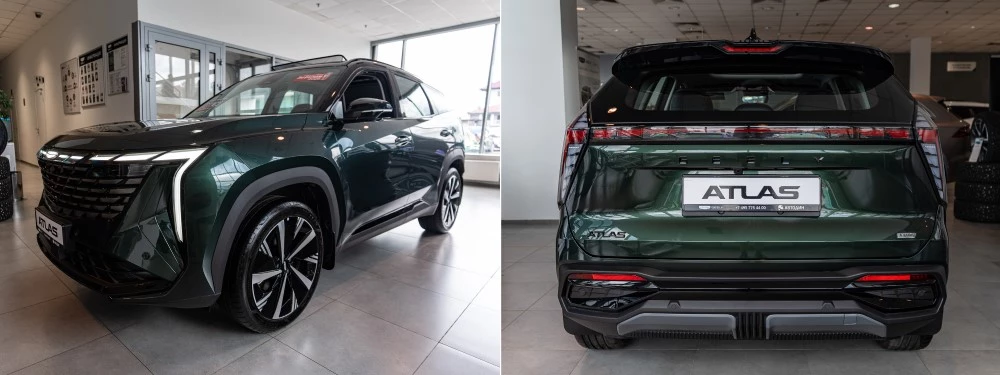 Geely Atlas у дилера в автосалоне автодин спереди и сзади