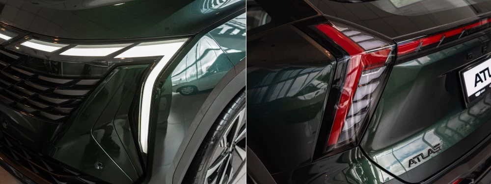 Geely Atlas у дилера в автосалоне автодин фары и фонари оптика