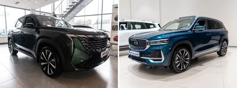 Geely Atlas и Monjaro у дилера в автосалоне автодин
