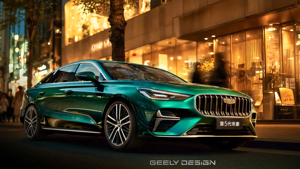 новый седан geely emgrand пятое поколение сбоку спереди зеленый изумрудный официальные изображения