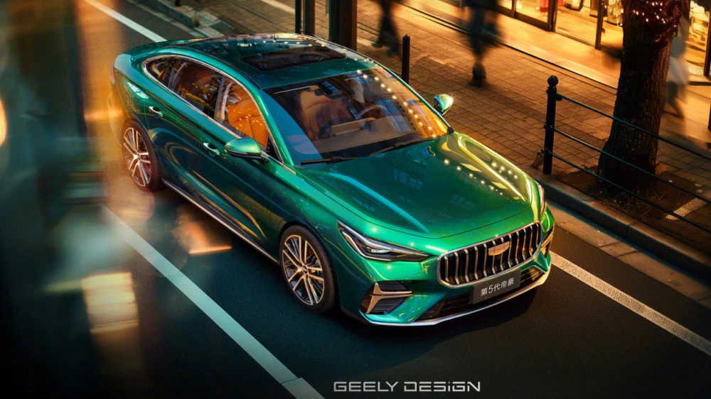 новый седан geely emgrand пятое поколение сбоку спереди зеленый изумрудный официальные изображения