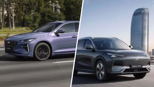 geely preface geely ex5 сбоку спереди седан кроссовер электромобиль оттс казахстан