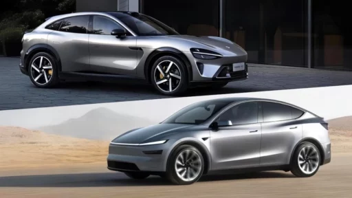 Кроссоверы Xiaomi YU7 и Tesla Model Y сбоку спереди