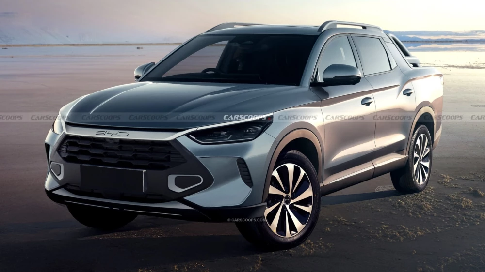 Новый пикап BYD сбоку спереди рендер Carscoops