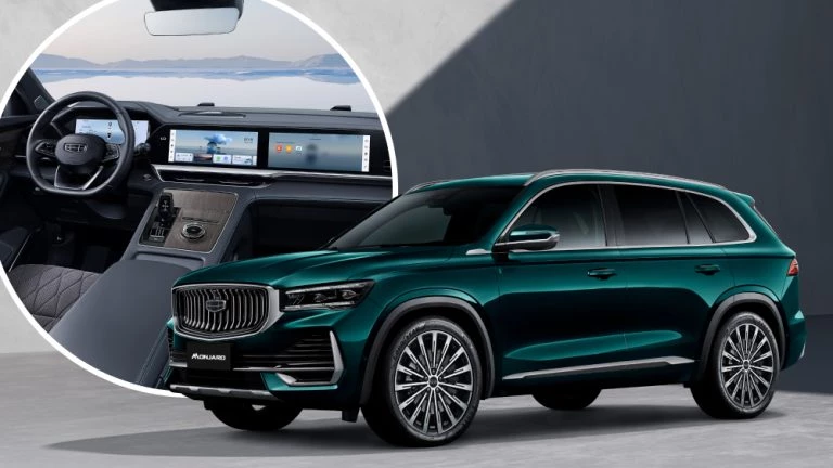 Спецверсия Geely Monjaro Flagship SE появится в России кроссовер сбоку спереди зеленый салон