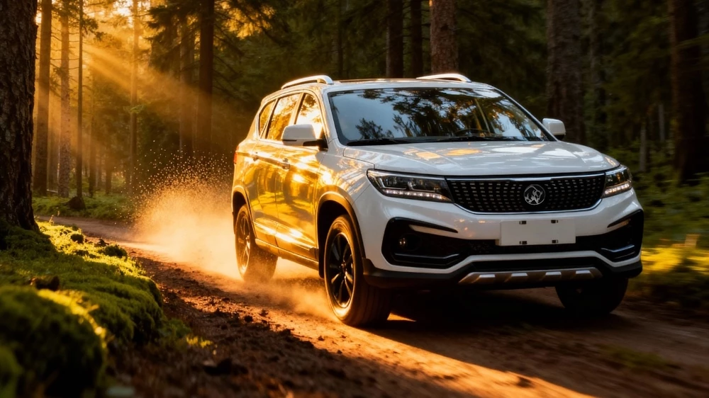 Кроссовер Zubr Legenda сбоку спереди в динамике в лесу