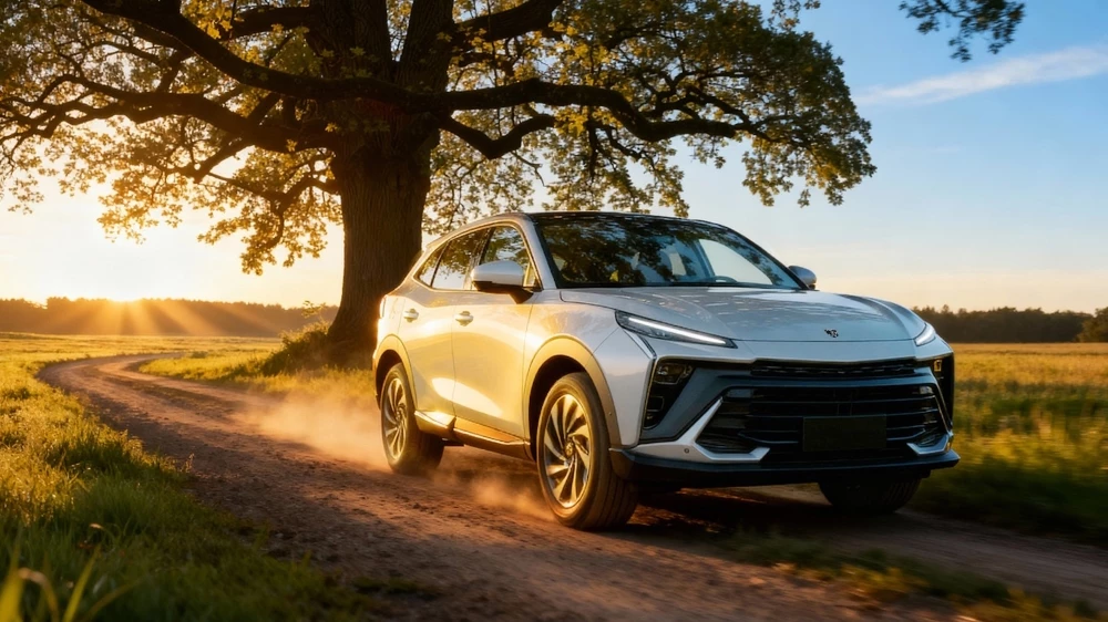 Кроссовер Zubr Relikt сбоку спереди в динамике в лесу