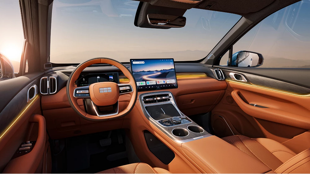 Гибридный кроссовер Geely Galaxy M7 официально показали в Китае салон рыжий оранжевый