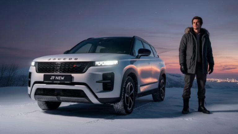 новый JAECOO J7 в JAECOO АВИЛОН сбоку спереди зимой