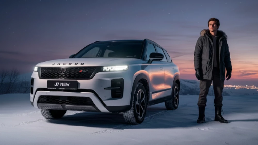 новый JAECOO J7 в JAECOO АВИЛОН сбоку спереди зимой