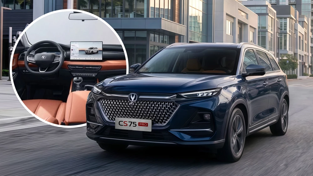 Новый 7-местный кроссовер Changan CS75 Pro официально анонсировали для России сбоку спереди синий салон коричневый
