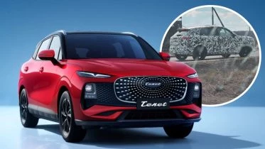 Кроссовер Tenet Plus L4 заметили в России сбоку спереди сзади красный камуфляж