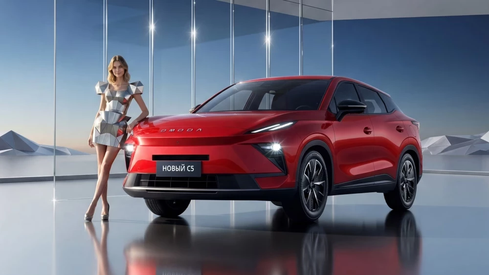 Новый OMODA C5 сбоку спереди девушка стоит