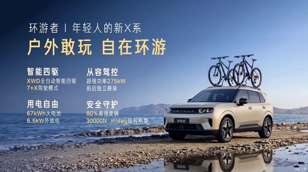 Электрический кроссовер Jetour Tourer TX спереди сбоку презентация в китае