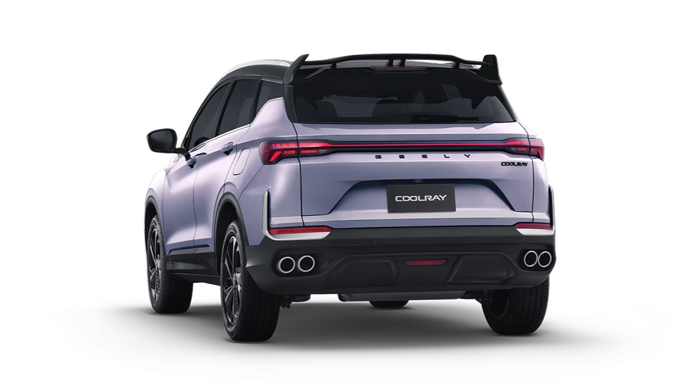 Новый Geely Coolray в цвете «лиловый перламутр» Unicorn Grey сзади