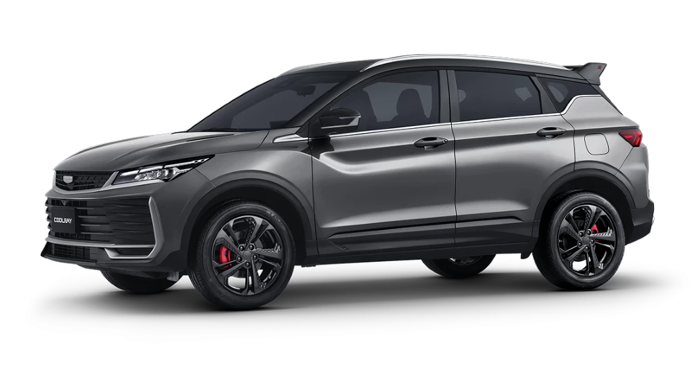 Новый Geely Coolray в цвете серый металлик Magnetic Grey сбоку спереди