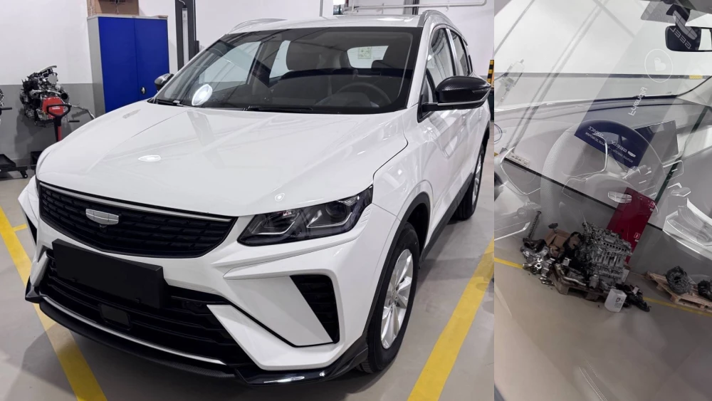 geely coolray атмосферный мотор lite сбоку спереди белый
