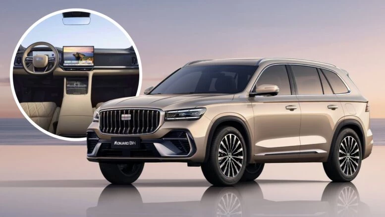 Салон гибридного Geely Monjaro EM-i показали официально гибридный кроссовер сбоку спереди салон бежевый