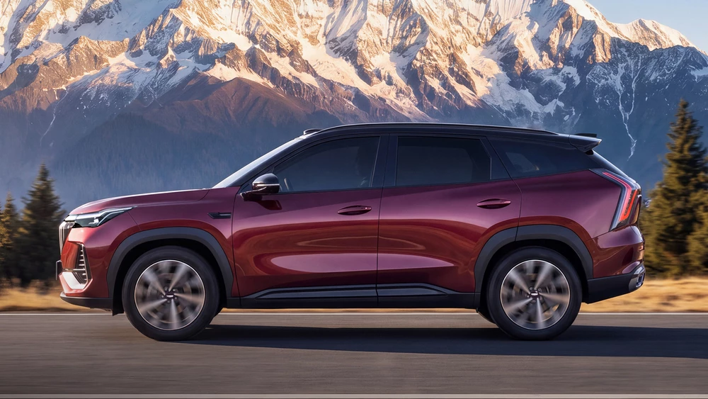 Обновленный гибридный кроссовер Geely Atlas 2027 сбоку
